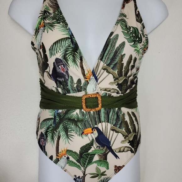 IDOPIP Tropical Print Green and Beige SWIMSUIT with sarong. - Picture 16 of 16
